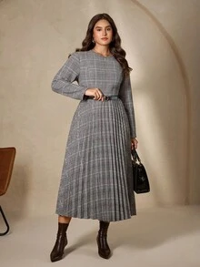 Chikora 大码女式褶皱优雅格子连衣裙 - 彩色 - 查看 5