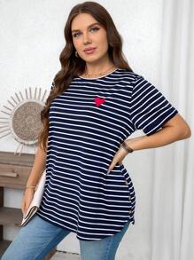 SHEIN LUNE Women Plus Size Long Sleeve Casual Embroidery Heart Tee Summer Spring Clothes