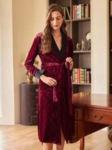 复古精致天鹅绒撞色女式长袍，秋季 - 彩色 - 查看 5