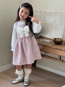 SHEIN 2 pièces/Set Robe rose à carreaux élégante pour filles avec Top à manches longues blanches, décoration de nœud 3D blanc, convient pour les sorties, l'école, les activités extérieures - Multicolore - Voir 2