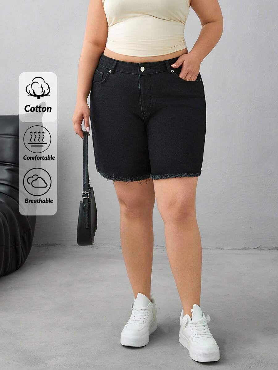 EURMUSE 100%纯棉原色下摆细节黑色大码迷你短裤 - 黑色 - 查看 1