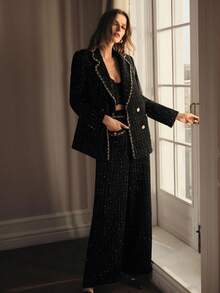 MOTF PREMIUM 粗花呢亮片双排扣西装外套 - 黑色 - 查看 5