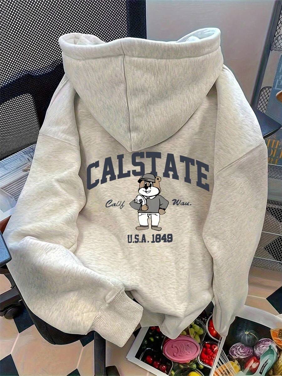 INAWLY Women's Letter & Cartoon Bear Print Drop Shoulder Long Sleeve Casual Hoodie Fall Cloth For Women - Light Grey - View 1