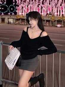 DAZY 女士露肩韩版优雅长袖毛衣，秋冬 - 黑色 - 查看 7