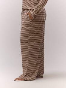 MUSERA Plus Wide Leg Baggy Drawstring Stripe Trousers Only Casual Cute Cosy   Night In - Multicolor - View 3