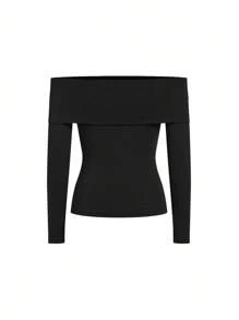 Ellevyn 1 pieza Camiseta de manga larga ajustada de un solo color con hombros descubiertos para mujer