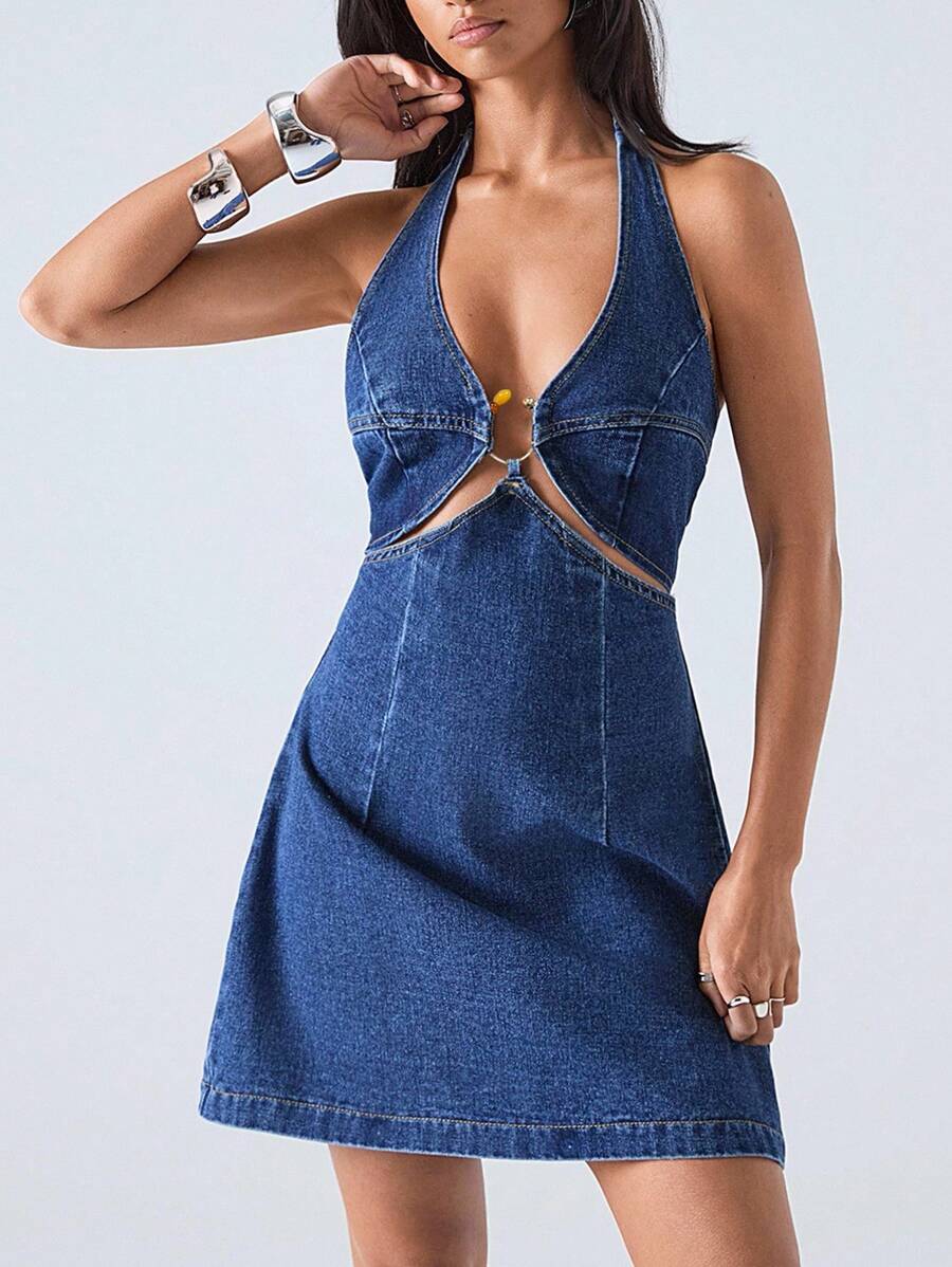 LYSMO Women's Fashionable Halter Neck Denim Dress - Blue - View 1