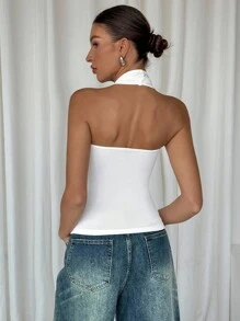 Siren Gaze 女士休闲露背短款上衣，紧身圆领，带衬垫，内置胸垫，胸杯，胸垫可拆卸衬垫，胸垫不可拆卸衬垫，丁字紧身胸衣上衣，胸罩紧身胸衣上衣，紧身胸衣上衣，纯色褶皱衬垫吊带背心 - 白色 - 查看 2