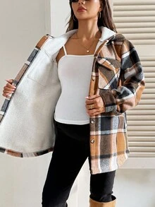SHEIN Fall Clothes,Autumn Clothes,Maternity Autumn/Winter Clothes Pregnant Women's Long Sleeve Single-Breasted Plaid Pocket Casual Fleece Hooded Jacket