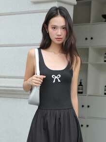 K-Vae Women's Summer Casual Black Bow Embroidered Dress, Elegant And Cute Sleeveless Long Dress, Daily Holiday Dress - Black - View 3