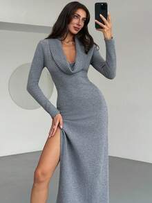 Aloruh Vestido de suéter de punto con cuello alto, manga larga, ajustado y con abertura alta, minimalista, versátil para capas, apto para otoño/invierno - Gris Oscuro - Ver 8