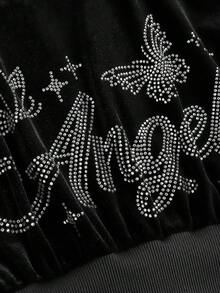 Tween Girl Velvet Rhinestone Hoodie & Fitted Pants 2pcs Suit Set, Fashion Casual Outfit For Halloween, Christmas Party, Weekends, Casual Outing Fall Winter - Black - View 5