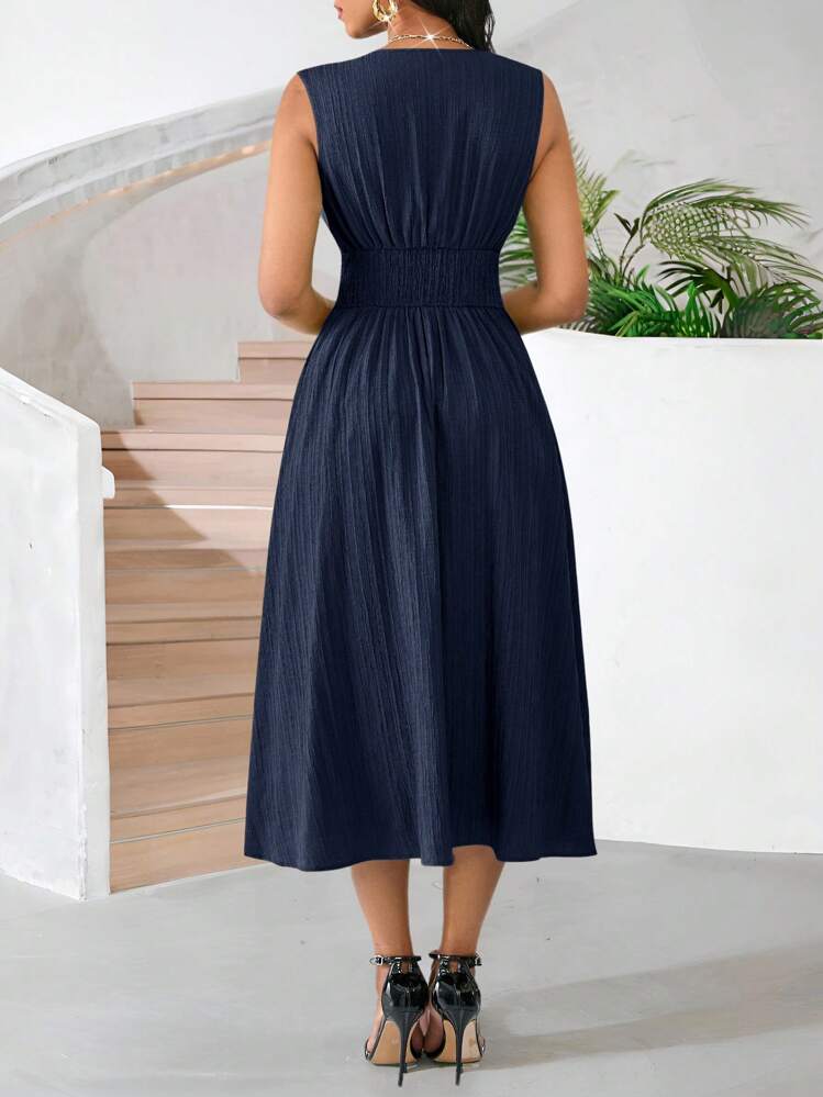 SHEIN Lady Vestido de verano de longitud media sin mangas para mujer, de tela tejida con textura verde - Azul Marino - Añade 2