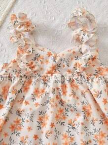 Set de vestido y cárdigan con estampado floral y volantes para niñas preadolescentes, 2 piezas - Naranja - Ver 4