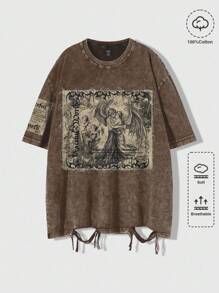 ROMWE MEN Grunge Punk Men's Vintage Angel Print Distressed T-Shirt, Summer, 2000s Style