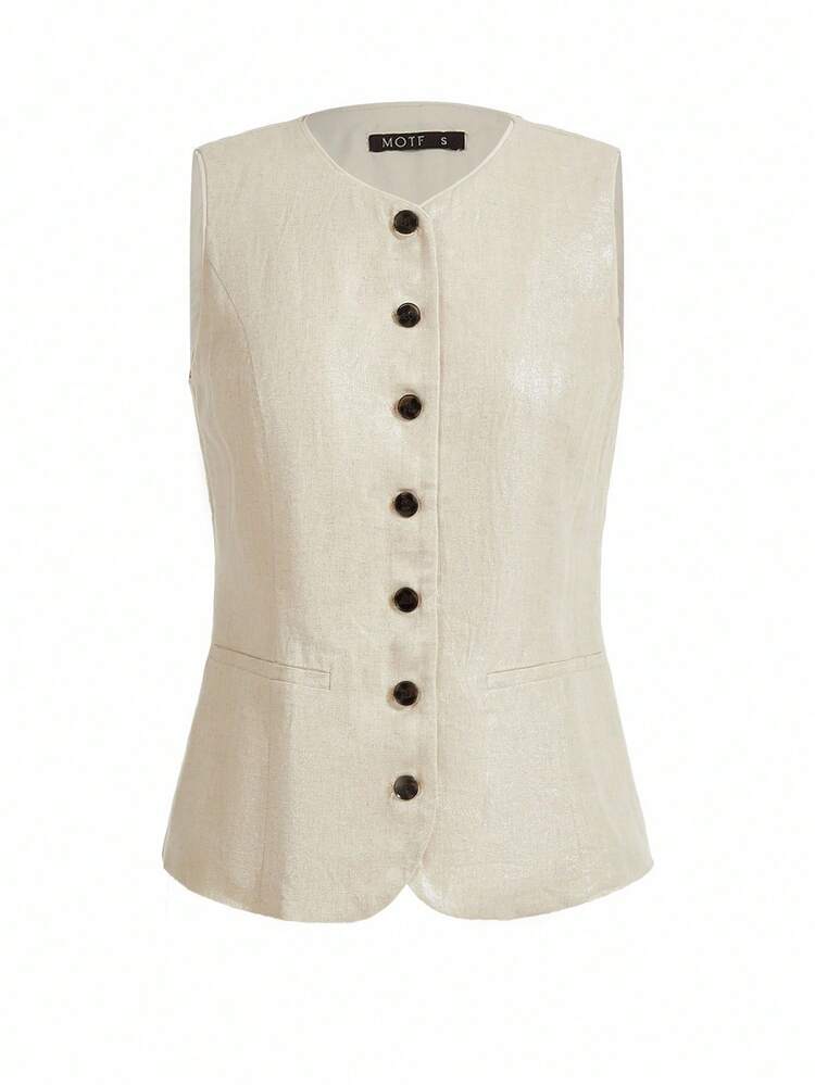SHEIN x PRISCILA & JIMENA LINEN SINGLE BREASTED WAISTCOAT