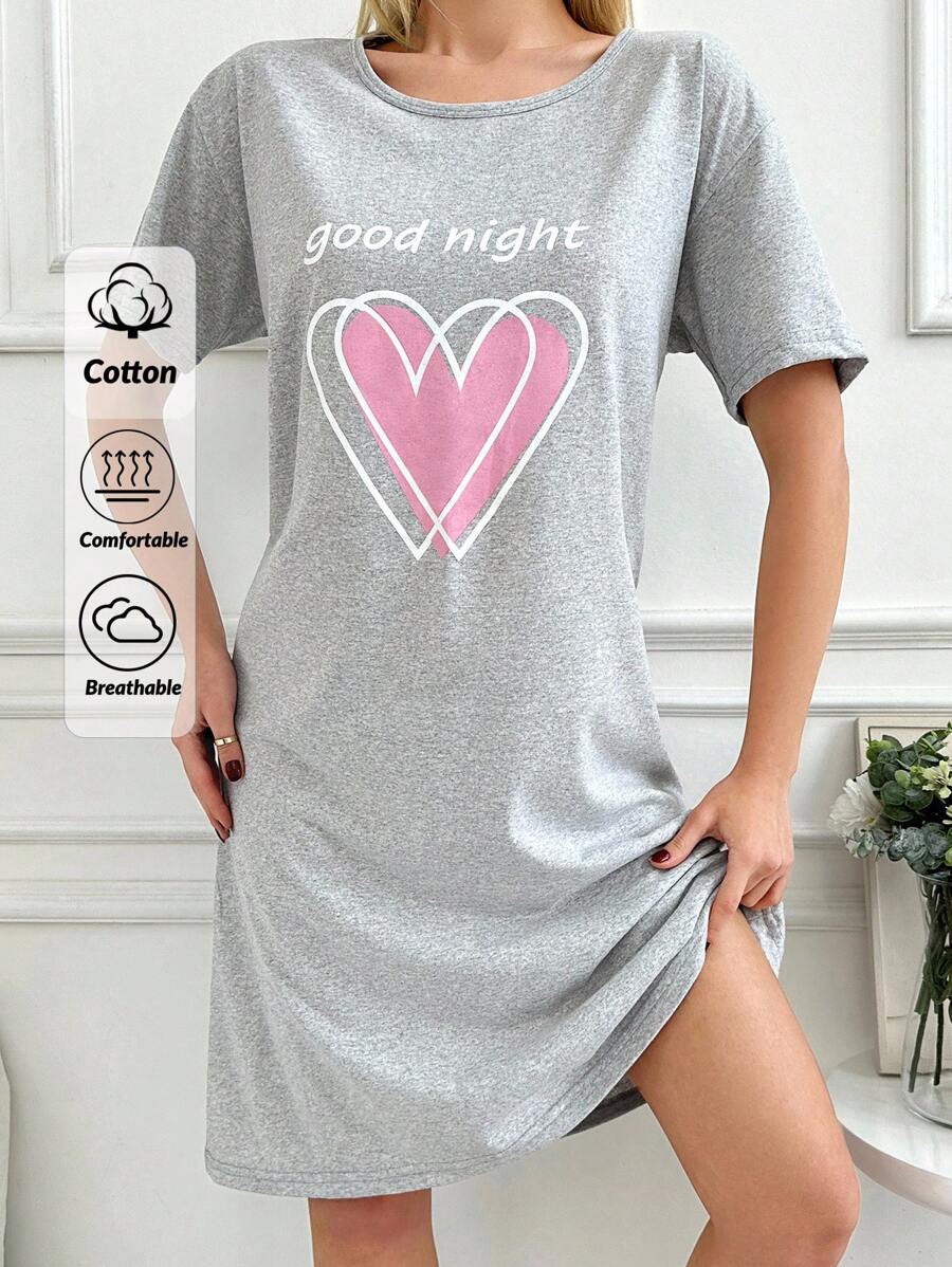 EURMUSE Chemise de nuit 100% coton avec slogan graphique et imprimé cœur - Gris pâle - Voir 1
