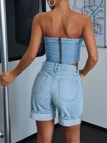 SHEIN Cottnline Denim High Waist Mini Summer Short Folded Hem - Light Wash - View 2