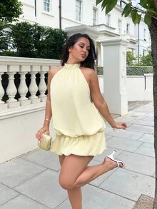NegzBox Women's Vacation Solid Color Ruffle Hem Fashionable Halter Mini Dress,Summer Dresses For Women Dresses For Wedding Event - Yellow - View 6