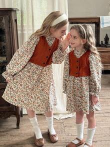 LMoss Kids Set de chaleco casual de unicolor tejido y vestido floral diminuto para niña preadolescente - Multicolor - Ver 7