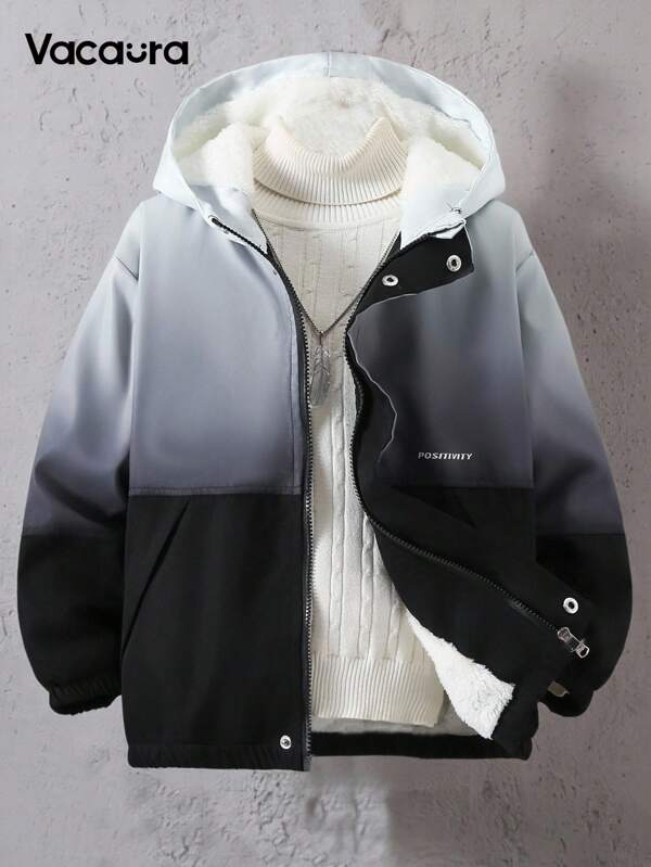 1pc Boys' Autumn/Winter Hooded Ombre Black & White Fleece Jacket, Suitable For Casual, Sports, Outdoor Activities For Big Kids