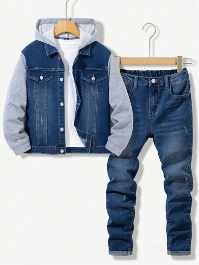 2 delar tween-pojke mode casual y2k vintage cool gatuåterkomst till skolan college tvådelat set med grundläggande enkel blå denim med grå stickad huva långärmad jacka och enkla bekväma och stretchiga skinny jeans för barnkläder tween-pojke mjuka vardagskläder och barn vinter- och höstkläder rave outfits festival och outfits streetwear skolkläder