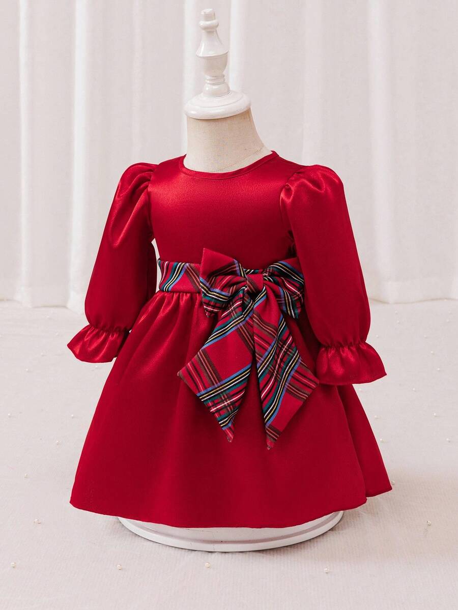 Glamorique Kids 女童可爱优雅简约红色长袖泡泡袖红色格子蝴蝶装饰荷叶边连衣裙,正式服装 - 紅色 - 查看 1