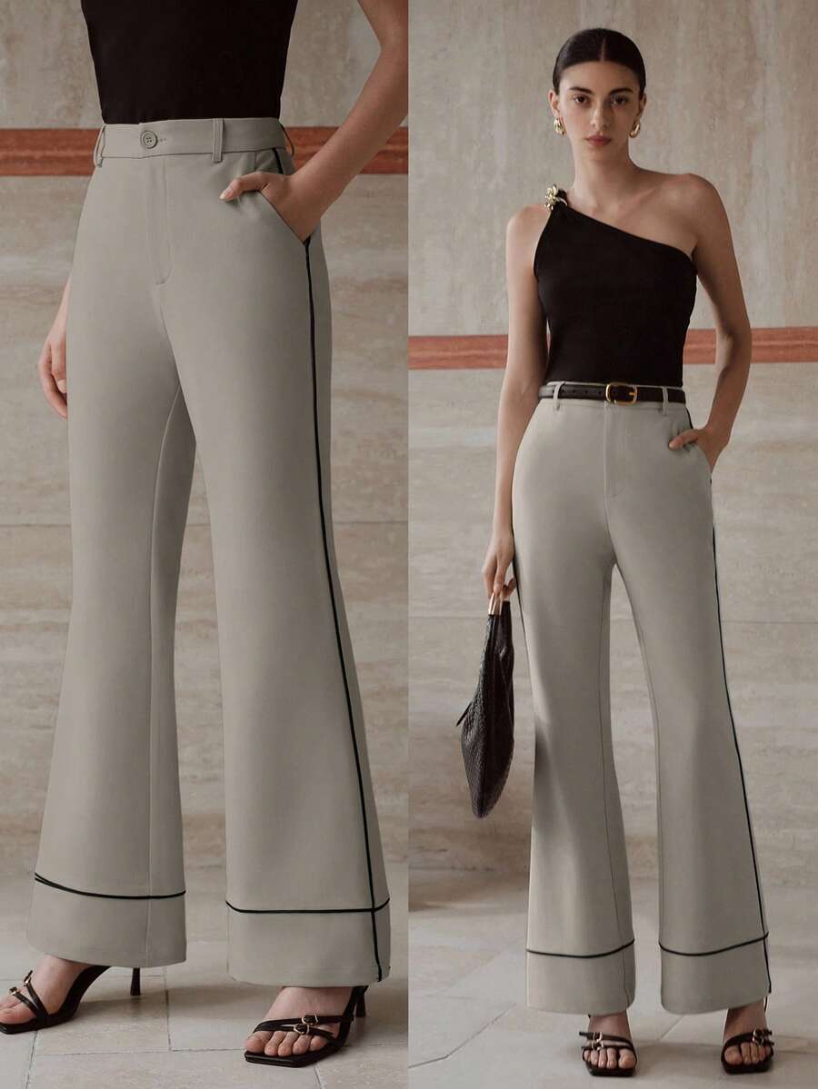 MOTF PREMIUM PANTALONES DE TRAJE CON PIERNA ACAMPANADA Y RIBETE DE CONTRASTE