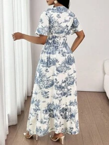 SHEIN Lady 女士优雅休闲度假通勤蓝白碎花撞色印花修腰V领短袖中长连衣裙春夏秋季装 - 藍白色 - 查看 2