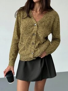 Aloruh Nouveau cardigan femme d'automne/hiver à col en V, à simple boutonnage, style mou. Tricot à manches longues, motif vintage à pois verts sur maille douce - Vert - Voir 4