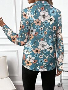 SHEIN Clasi Women's Floral Line Print Button Front Long Sleeve Shirt, Suitable For Commuting And Daily Wear, Autumn/Winter - Dusty Blue - View 2