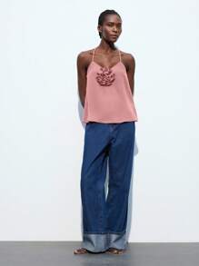 Maija Women's Summer Bubble Gum Pink Floral 3D Decor Tie-Back Halter Neck Tank Top, Casual Business Commute Elegant Vacation Off Shoulder Blouse