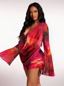 Radiana Women's Summer Sexy Sheer Mesh Marble Tie-Dye Floral Print Casual Vacation Outfit - Backless Long Sleeve Draped Neck Cover Up + Spaghetti Strap Bra Top + Drawstring Ruched Shorts 3-Piece Set, Island Holiday Beach Wear, Bikini Cover Up - Hot Pink - View 5