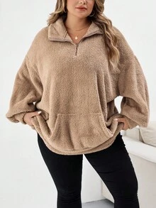 SHEIN CURVE+ 大码女式休闲时尚蓬松长袖运动衫 - 駝色 - 查看 5
