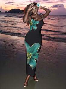 Slaydiva 2025 Spring/Summer New Women's Vacation Dress, Elegant Floral Print Casual Minimalist Sleeveless Dress Chic Dress - Multicolor - View 2