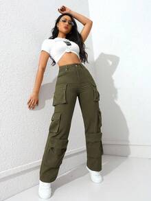 Jeanoix Women's Multi-Pocket Straight Leg Casual Jeans - Army Green - View 6