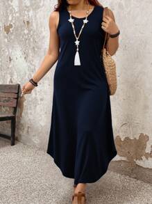 EMERY ROSE 2025 Summer New Arrival Round Neck Sleeveless Dress Women, European & American Style Leopard Print Hem Side Slit Pullover Top - Navy Blue - View 4