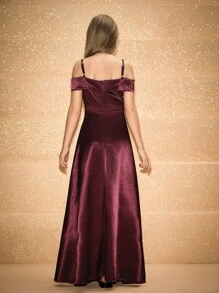 Tween Girl Elegant Minimalist Fashion Off Shoulder High Waist Cinched Waist Long Solid Satin Fabric Formal Dress, Suitable For Graduation, Party, Christmas, Wedding, Halloween, All Seasons Fall Winter - Burgundy - View 2