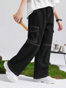 SHEIN Tween Boy Loose Casual Contrast Stitching Work Pants - Black - View 2