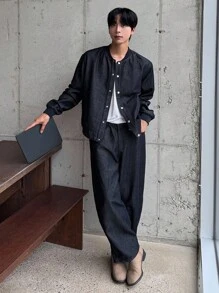 DAZY 海军蓝男士长袖单排扣棒球领夹克和裤子休闲牛仔套装，秋季