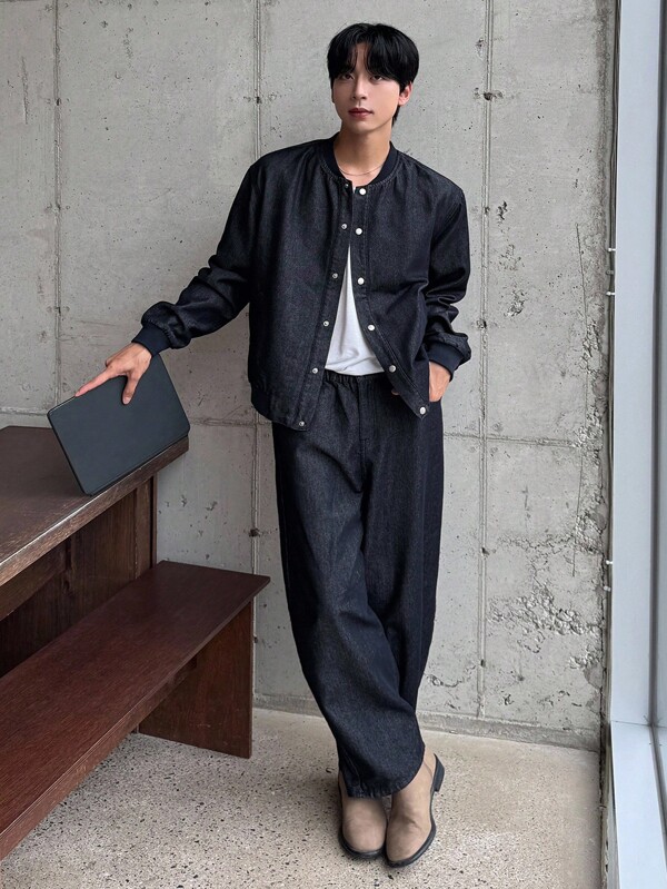 DAZY 海军蓝男士长袖单排扣棒球领夹克和裤子休闲牛仔套装，秋季