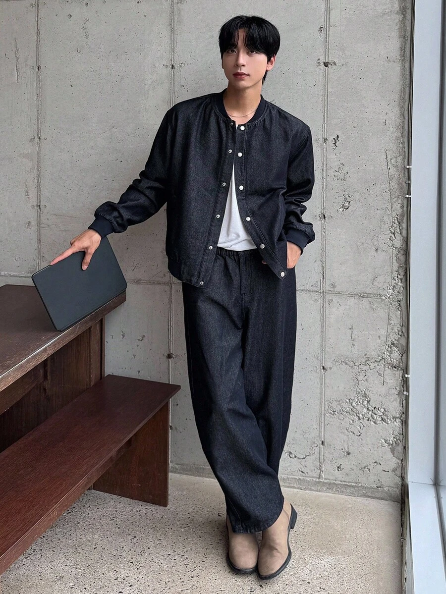 DAZY 海军蓝男士长袖单排扣棒球领夹克和裤子休闲牛仔套装，秋季