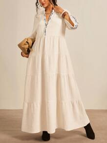 Freevana Plus Size Apricot Casual Four-Layer Dress, 3/4 Sleeves V-Neck Long Cotton Dress, Embroidered Dress, Embroidered Decorative Flared Cuffs, Waist-Length Dress, Date Evening Dress