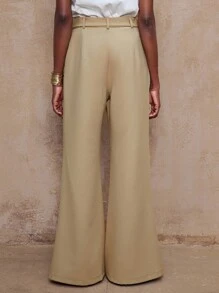 Lumalex VITNOS 秋冬新款高端优雅女装优雅卡其色舒适百搭金属装饰腰带设计宽松喇叭腿裤，配有腰带秋季商务休闲女士适合音乐会、约会、婚礼、派对、生日、夜间外出