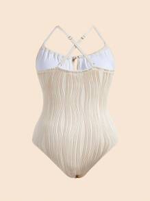 Elaquor 加大码纯色纹理面料扭纹交叉肩带连体泳衣