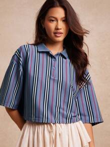 WESTFADE 条纹罗纹针织短袖宽松短款纽扣前部 Polo 衫 返校可爱秋季乡村音乐会 - 藍色 - 查看 1