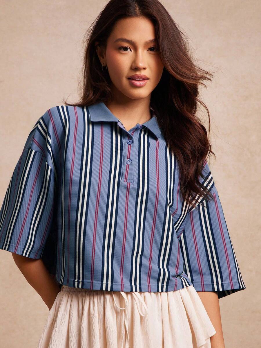 WESTFADE 条纹罗纹针织短袖宽松短款纽扣前部 Polo 衫 返校可爱秋季乡村音乐会 - 藍色 - 查看 1