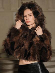 Anewsta Savoree 女士时尚优雅人造毛皮短款连帽夹克 - 棕色 - 查看 7