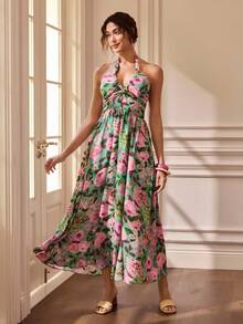 Glamance Gulsengunel Vestido elegante de mujer con estampado floral y espalda descubierta, vestido elegante casual para salir en verano y otoño - Multicolor - Ver 1