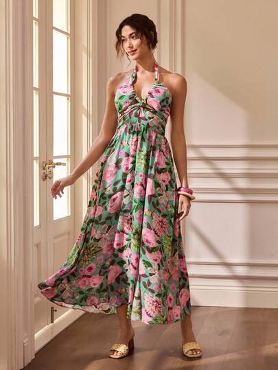 Glamance Gulsengunel Women's Elegant Floral Print Backless Dress, Summer Going Out Fall Elegant Dress Casual